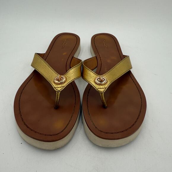 Coach Gold Shelly Leather Thong Flip Flop Sandals Size 9 - Picture 3 of 8